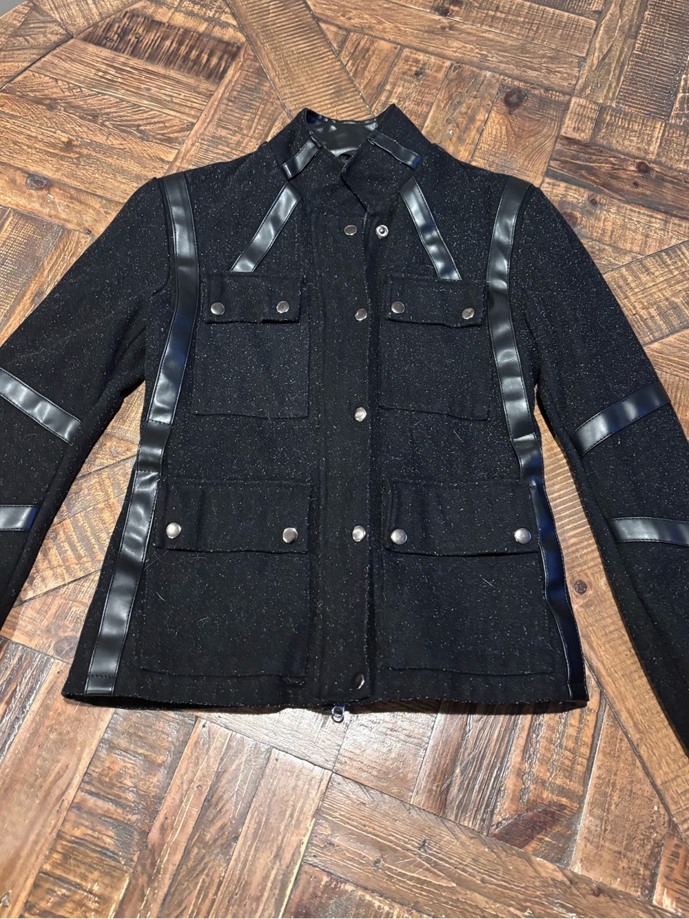 Black Utility Jacket with Military-Inspired Design in size small